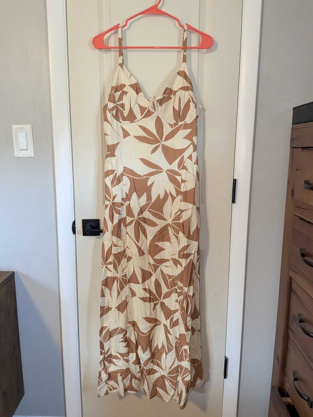 Lulu's Cream and Brown Leaf-Print Maxi Slip Dress